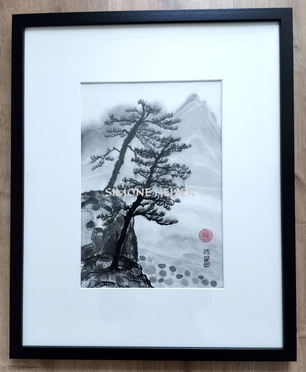 Gemälde - Stille_2018 schwarz-weiß Bäume - Rahmen ca. 40 X 50 cm